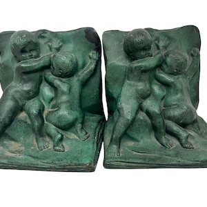 Antique Galvano Bronze Bookends, Cherubs or Children Holding Up Pages, Art Nouveau