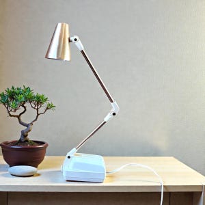 May include: A white and gold desk lamp with an adjustable arm and a conical lampshade. The lamp is on a wooden surface next to a small bonsai tree in a brown pot and a smooth, gray stone.