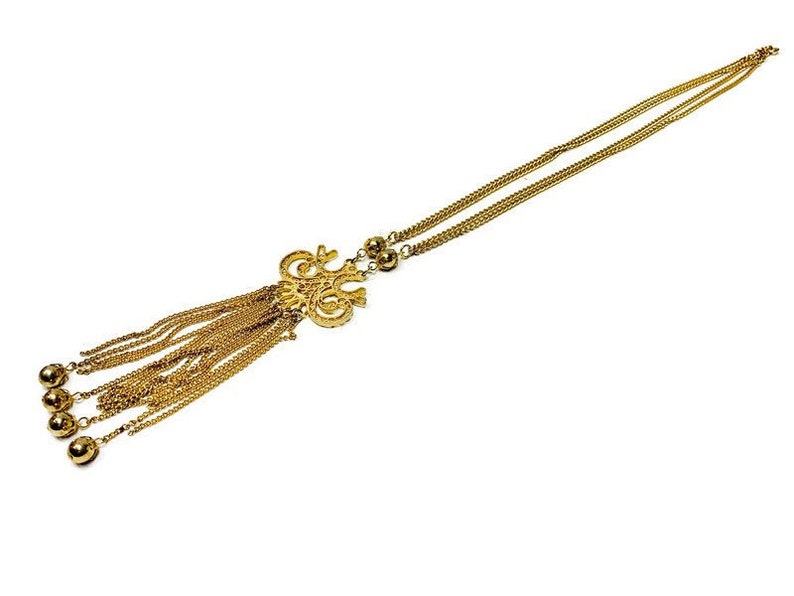 Gold Tassel Necklace, Vintage 1970s Multi-strand Chain Necklace image 8