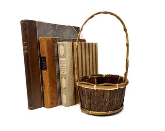 Handmade Bark Basket with Handle & Rope Rim, Small Vintage Easter or Storage Basket