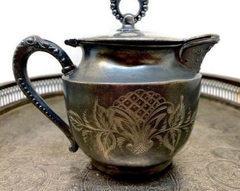 Colonial Silver Hand Engraved Pitcher, Antique Quadruple Plate Pitcher with Lid, Floral Motif