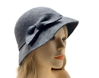 Gray Wool Felt Cloche, Vintage Bucket Hat