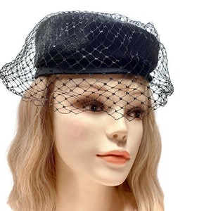 Black Pillbox Hat with Veil and Two Bows, Mid-Century Union Made Millinery