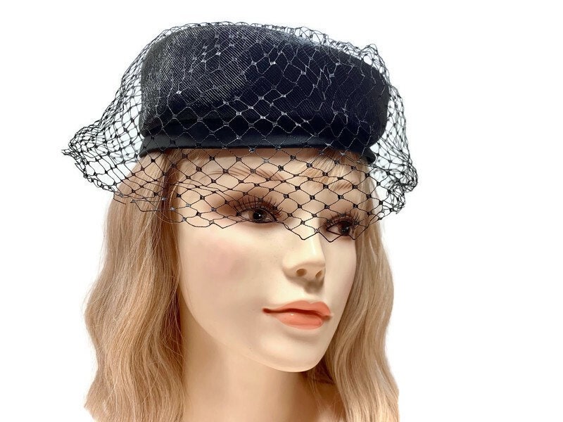 Black Pillbox Hat With Veil and Two Bows, Mid-century Union  display picture 1