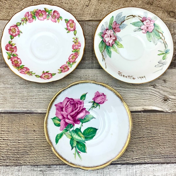 English Bone China Saucers with Gilt Edges & Roses, Set of 3 Vintage Hand Painted Mismatched Saucers, 1940s Collectible Wall Art