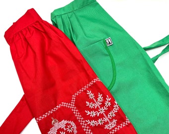 Half Aprons, Set of 2 Vintage Cotton Aprons, Red with Holiday Embroidery & Green with Pocket by Alligator