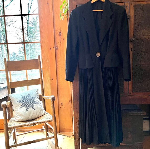 Black Maxi Dress/Coat with Pleated Skirt, Padded … - image 8