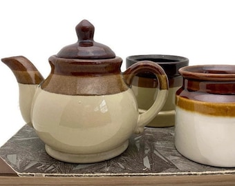 Tri-Color Teapot, Honey Pot and Butter Crock, Vintage Brown Beige Pottery, Set of 3 Pieces