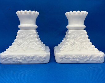 Vintage Westmoreland Milk Glass Candlesticks: Paneled Grape Taper Holders