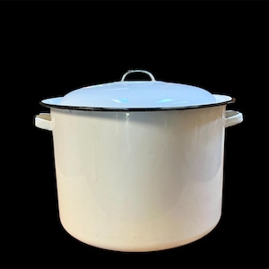 Vintage geëmailleerde voorraadpot met deksel: witte en zwarte rand, boerderijdecor
