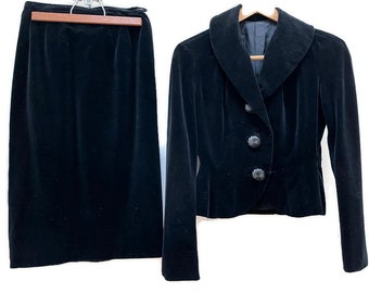 Traje de terciopelo negro, chaqueta y falda vintage a medida para mujer, talla pequeña