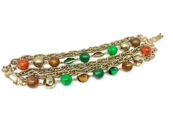 Kramer Beaded Bracelet, Vintage 1960s Signed Designer Gold Chain Link Chunky Bangle Bracelet with Beads & Faceted Glass