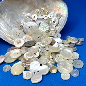 150 Mermaid Scale Buttons in an Oyster Shell, Iridescent Mother of Pearl Button Lot, Vintage Supplies, Instant White Button Collection image 1