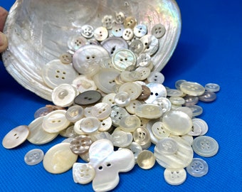 150+ Mermaid Scale Buttons in an Oyster Shell, Iridescent Mother of Pearl Button Lot, Vintage Supplies, Instant White Button Collection