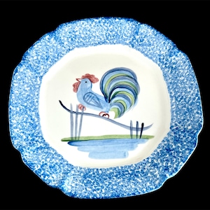 Vintage Rooster Plate: Blue Spongeware Los Angeles Pottery, Farmhouse Decor