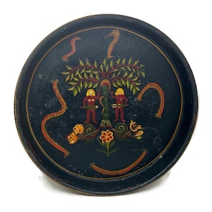 Antique Tin Tole Tray, Hand Painted Primitive Folk Art Depicting Adam and Eve, 1800s