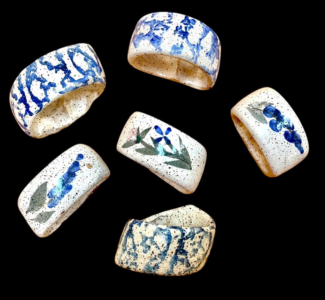 Vintage Handmade Pottery Napkin Rings: Set of 6 Ceramic Napkin Holders