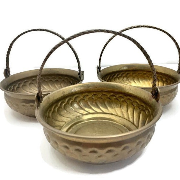 Vintage Brass Baskets with Handles, Set of 3 Rosenthal Netter Planter Bowls, Storage and Condiment or Candy Containers