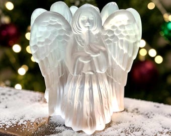 Vintage Frosted Glass Candle Holder with Three Angels