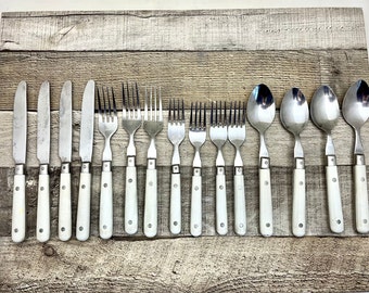 Farberware White Stainless Flatware, Set of 15 Discontinued Pieces, Vintage Utensils