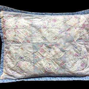 May include: Rectangular pillow with a patchwork design. The pillow features a light blue border and a central pattern of floral and geometric shapes in shades of white, blue, and pink. The pillow has a quilted texture.
