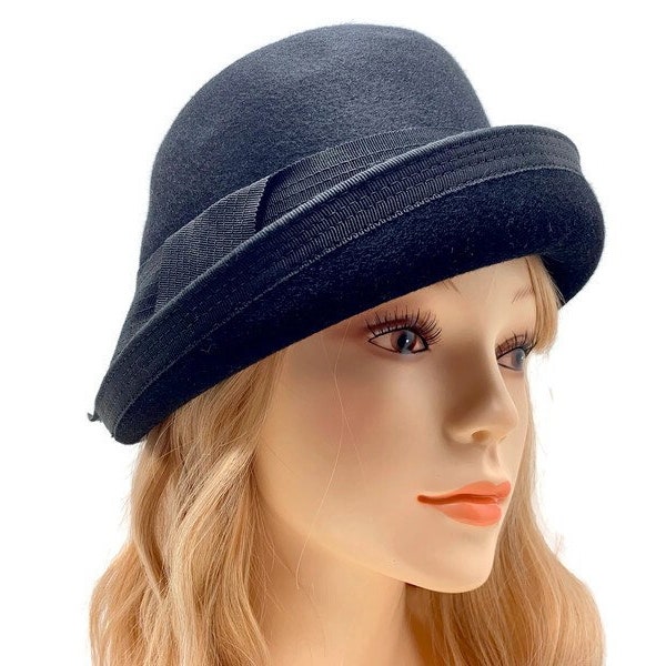 Black Cloche Hat, Vintage Valerie Modes 100% Wool Fedora with Grosgrain Ribbon & Bow by Glenover, Henry Pollak, NY
