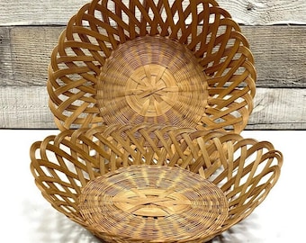 2 Woven Wicker Rattan Baskets, Vintage Bamboo Basket Bowl for Fruit, Collections, Display, Storage, Country Farmhouse Decor