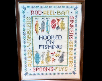 Vintage Hooked on Fishing Framed Cross Stitch (14.5” x 11.5”): Fisherman Gift