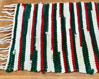 Vintage tafelloper: handgeweven rode en groene strepen, 36 x 11 inch
