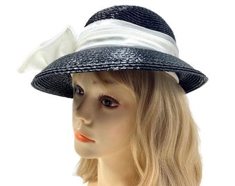 Black Straw Hat with White Chiffon Bow: Vintage Sally Vielor Millinery