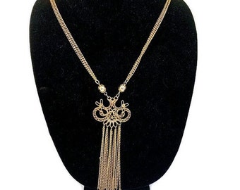 Gold Tassel Necklace, Vintage 1970s Multi-strand Chain Necklace