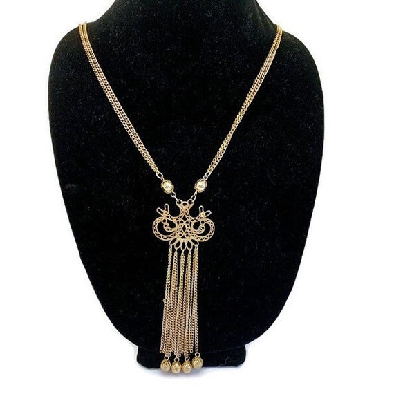 Gold Tassel Necklace, Vintage 1970s Multi-strand … - image 1