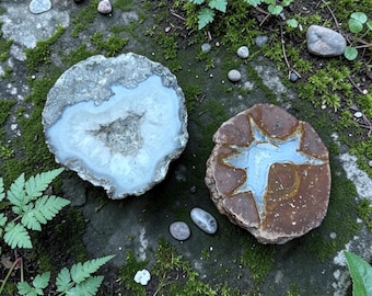 Mitades pulidas de geoda de ágata de encaje azul y huevo de trueno