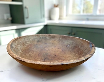 Large Antique Wooden Dough Bowl, 14.5”: Hand Turned Primitive Treenware, Rustic Farmhouse Kitchen Centerpiece