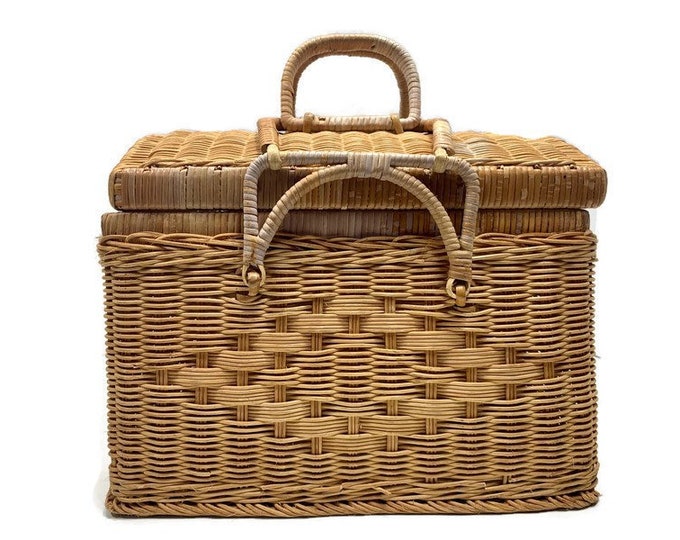 Large Wicker Rattan Picnic Sewing Basket With Folding Handles Etsy