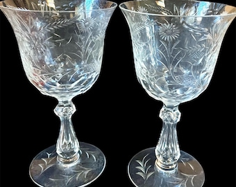 Vintage Etched Crystal Goblets: Mid-Century Floral Wine Glasses, Set of 2