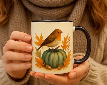 Autumn Mug with Bird, Pumpkin, Mushrooms & Leaves – Fall Coffee Cup with Quote „Autumn inside