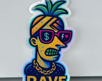 Holographic RAVE MAN Sticker | Neon Pop Art Festival Sticker | EDM Laptop Decal