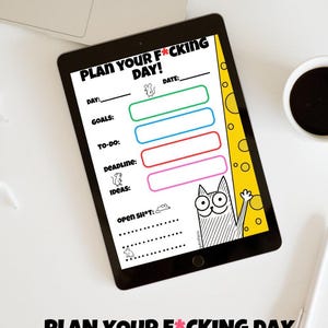 May include: A black tablet displays a daily planner template with the text "PLAN YOUR F*CKING DAY!". The planner includes sections for day, date, goals, to-do, deadline, and ideas. A cartoon cat illustration is on the right side. The bottom text reads "Simple Daily Planner Template A4 for print & digital".