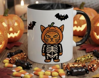 Halloween Cat Mug – Spooky Pumpkin Coffee Cup – Skeleton Cat with Bats – Creepy Cute Spider – Gothic Gift for Cat Lovers & Halloween Party