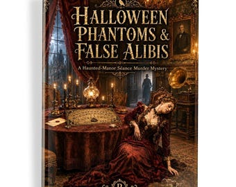 May include: A book cover titled Halloween Phantoms & False Alibis: A Haunted-Manor Séance Murder Mystery. It features a person in a dark red dress slumped on the floor near a round table with a ouija board, candles, and a gramophone in a room.
