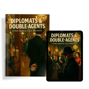Puede incluir: Un libro y una tableta que muestran la portada de "Diplomats & Double-Agents: A 1963 Embassy Gala Whodunit." La portada del libro presenta a una mujer con un vestido gris y a un hombre con un traje. La tableta muestra a un hombre con sombrero.
