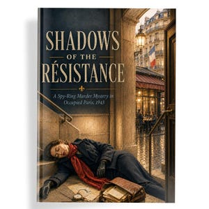 May include: A book cover titled Shadows of the Resistance: A Spy-Ring Murder Mystery in Occupied Paris, 1943. It features a person in a dark coat and red scarf lying on stone steps near a leather bag, with a Parisian street scene in the background.