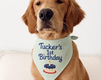 Personalized Dog Birthday Bandana Embroidered, Custom Gingham/Stripe Fabric