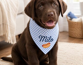 Personalized Hot Dog Bandana, Blue Gingham Custom Name Pet Scarf, Embroidered Cookout Puppy Gift