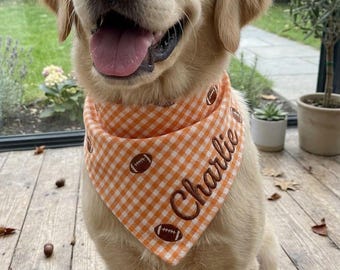 Personalized Football Dog Bandana, Orange Gingham Custom Pet Scarf, Fall Sports Dog Accessory, Embroidered Name Pet Bandana