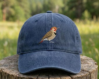 Embroidered Northern Flicker Bird Art Distressed Cap, Bird Lover Gift, Nature Lover Washed Hat, Cottagecore Baseball Cap