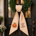 Personalized Halloween Wreath Sash, Pumpkin Monogram Bow, Orange Stripe Front Door Decor, Fall Door Hanger Ribbon