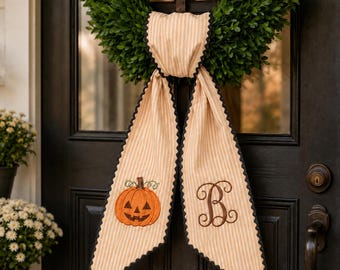 Personalized Halloween Wreath Sash, Pumpkin Monogram Bow, Orange Stripe Front Door Decor, Fall Door Hanger Ribbon