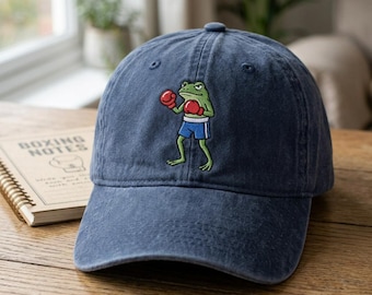 Embroidered Boxing Frog Baseball Hat, Funny Frog Wearing Shorts Tee, Fighting Frog Design, Unique Animal Gift